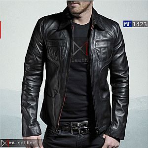 Jaket Kulit Pria MF1423, Mix Hitam Merah dari Kulit Domba Asli Garut