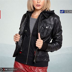 Jaket Kulit Wanita WF1529 • Model Hoodie Stylish, Bisa Dilepas!