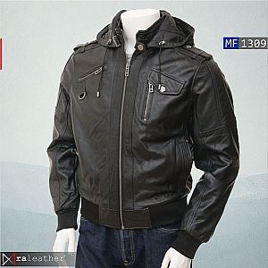Jaket Kulit Bomber Pria MF1309 • Removeable Hoodie