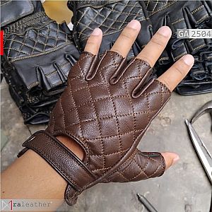 Sarung Tangan Kulit Half-Finger Cokelat Detail Quilted GA2504 